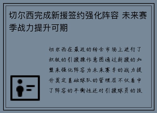 切尔西完成新援签约强化阵容 未来赛季战力提升可期
