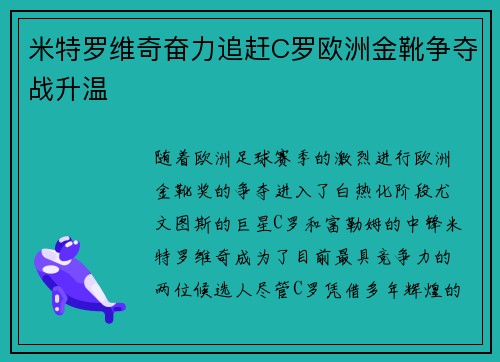 米特罗维奇奋力追赶C罗欧洲金靴争夺战升温