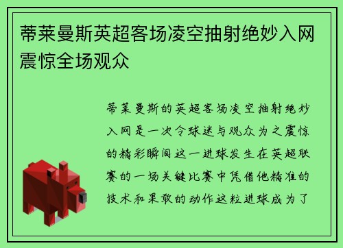 蒂莱曼斯英超客场凌空抽射绝妙入网震惊全场观众